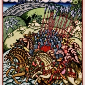 De krijgsbende van Volga en Mikoela, Aquarel op bordpapier, 39 x 31,6 cm