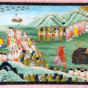 Agni Pariksha of de Vuurproef van Sita. De Vuurgod draagt Sita naar Rama en alle goden en wijzen brengen hulde aan Rama en Sita. Kangra-stijl, Pahari, ca. 1800