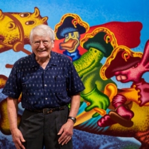 Peter Saul devant "Three More Napoleons Crossing the Alps" (2019)