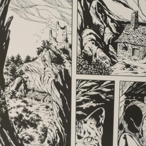 Sur grand écran gros plan digital de cases d'une BD © Didier Comès © "Artts"