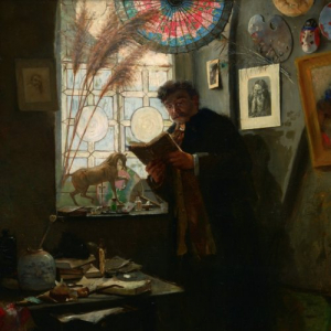 « Camille Lemonier dans l’atelier de l’artiste » (A. Stevens/s.d.) © « Musées r. des B.-A. de Belgique »)