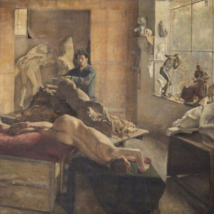 « Jules Lagae sculptant ‘La Mort d’Abel’ dans l’atelier de Jef Lambeau » (O. Dierckx/1884) © Ville de St.-Gilles