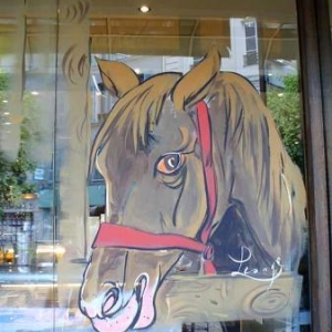 Jumping, international, peinture sur vitrine, Paris, Jean-Marie Lesage