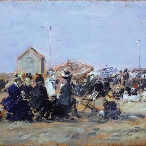 Eugène Boudin, Trouville, scène de plage à la cabine, huile sur bois, vers 1860 © Musée des Beaux-Arts de Liège/La Boverie
