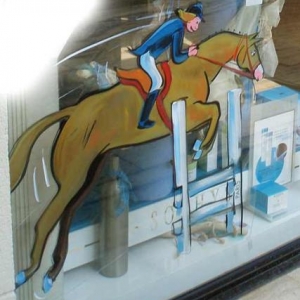 Jumping, international, peinture sur vitrine, Paris, Jean-Marie Lesage