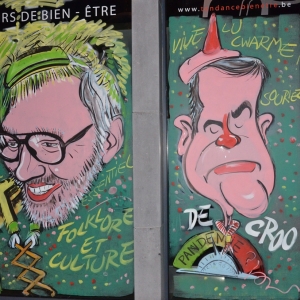 caricature de Alexandre de Croo "Lu Long - Né "sur les vitrines peintes pour le carnaval par Jean-Marie Lesage