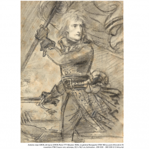 Antoine-Jean GROS, dit baron GROS (Paris 1771-Meudon 1835), Le général Bonaparte (1769-182) au pont d’Arcole le 15 novembre 1796 Crayon noir, estompe, 22,1 x 16,2 cm, Estimation : 200 000 – 300 000 € © Artcurial