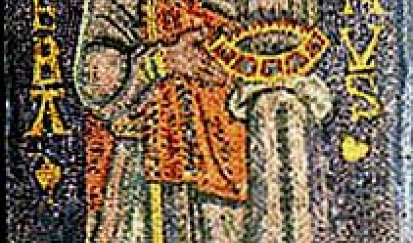 Haut Moyen-Age: le saint est au paradis, aureole, barbu, avec ses attributs. Glorieux, en rude militaire (mosaique)
