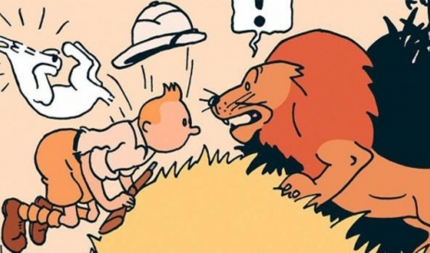 "Tintin au Congo" : Couverture de la version colorisee/4e case de la p. 31 version originale N/B (c) Herge-Moulinsart 2019 