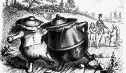 Le pot de fer et le pot de terre. A l'arrière, le capitalisme qui, à l'époque, faisait encore l'aumone aux pauvres.