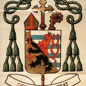 Les armoiries de Mgr Cawet (Lion, noir: province de Namur; lion, rouge: province de Luxembourg)