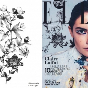 Claire Laffut en couverture, avec un de ses dessins (c) Decembre 2013 "Elle Belgique"