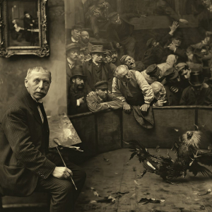 Portrait du peintre Rémy Cogghe devant son « Combat de Coqs » (A. Mischkind/vers 1920) © « La Piscine »