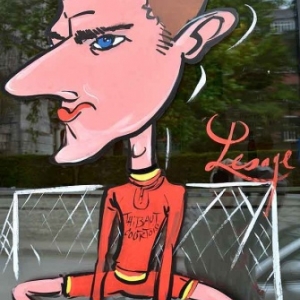 Caricature de Thibaut Courtois, peinture sur vitre