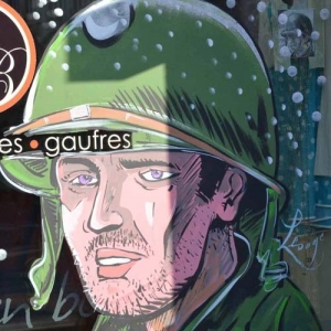 peinture sur vitrine à l'occasion du 75 eme anniversaire de la batailles des ardennes peinture de Jean-Marie Lesage sur vitrine à l'occasion du 75 eme anniversaire de la batailles des ardennes