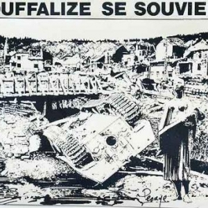 Le pont de la route de La Roche, avec le Panzer dans l'Ourthe. Dessin original de Jean-Marie Lesage.