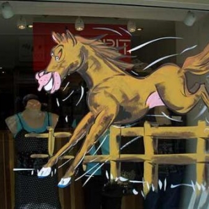 Jumping, international, peinture sur vitrine, Paris, Jean-Marie Lesage