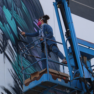 Adele Renault, artiste liégeoise vivant à Los Angeles peint un pigeon monumental Rue de l’Etuve