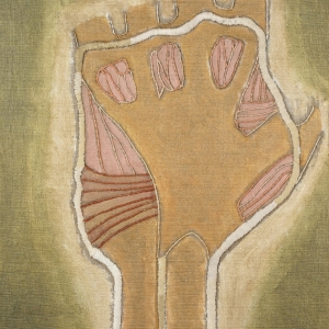 Juliette Rousseff, Corps et âme (paume de la main), acrylique et soie brodée sur toile marouflée, 2018, 47,5 x 34,5 cm