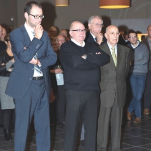 JP Bastin ( Bourgmestre), M. Distree ( President ), M. Stolberg ( President de la Federation musicale ), M. Dasnoy ( President d'Honneur ) ( Photo de G. Blanchy ) )