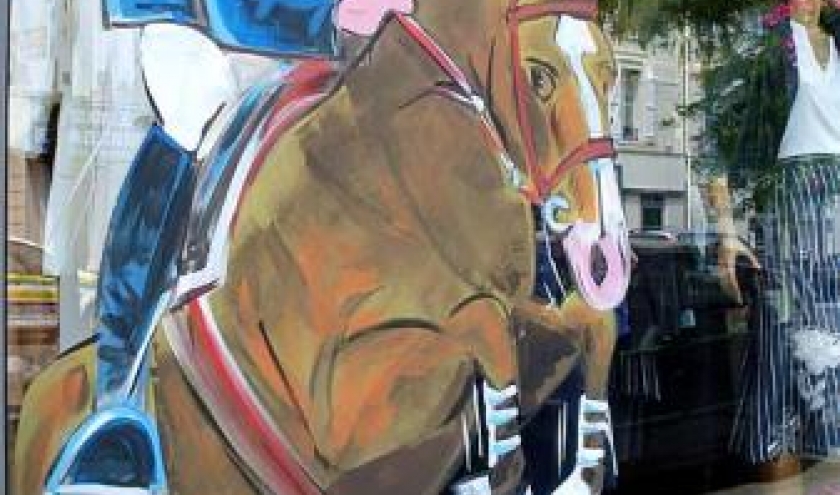 Jumping, international, peinture sur vitrine, Paris, Jean-Marie Lesage