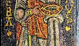 Haut Moyen-Age: le saint est au paradis, aureole, barbu, avec ses attributs. Glorieux, en rude militaire (mosaique)