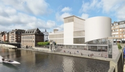 En bord de Sambre, la "Maison de la Culture", son restaurant se situant à hauteur des arbres (c) Province de Namur